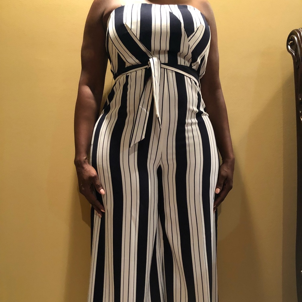 Blue and white stripped jumpsuit